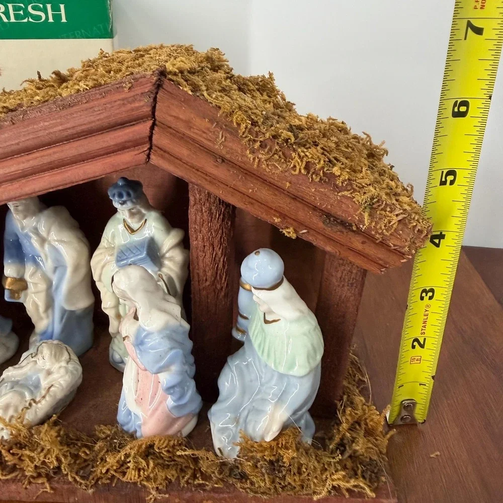 Pastel Porcelain Nativity Scene Wooden Stable Christmas Decor Holiday Display